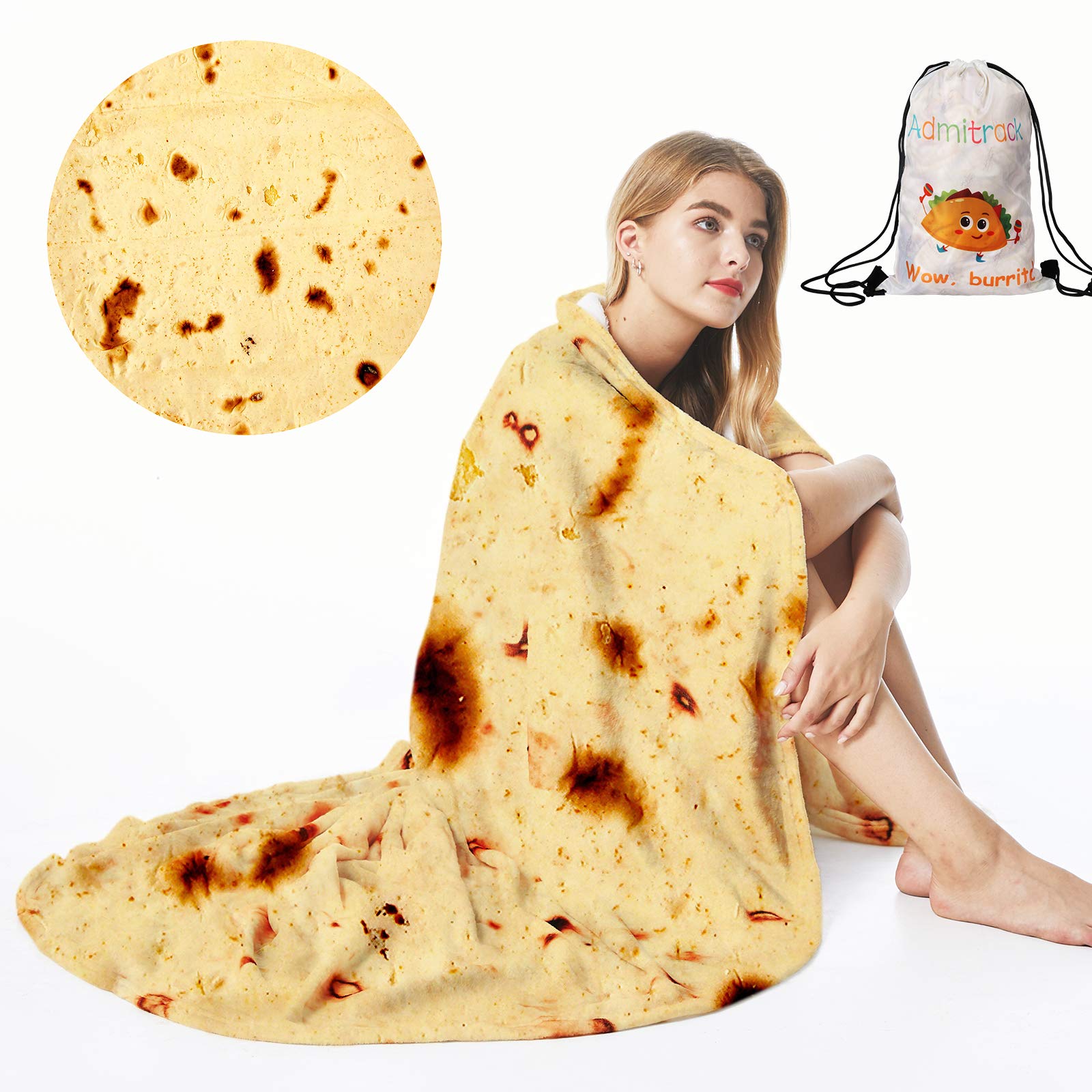 Admitrack Tortilla Blanket, Funny Realistic Round Burrito Throw for Adults & Kids (Double Sided)